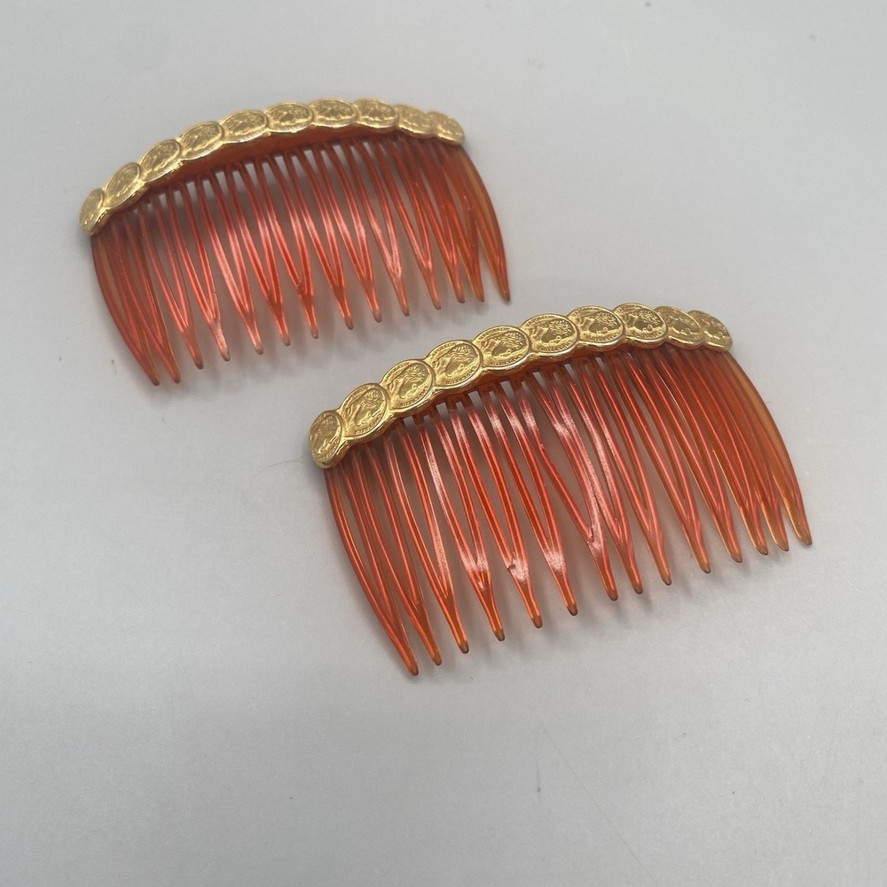 Vintage Plastic Hair Combs Gold Tone Metal Roman Coins Made in USA 2pcs - Picture 2 of 7